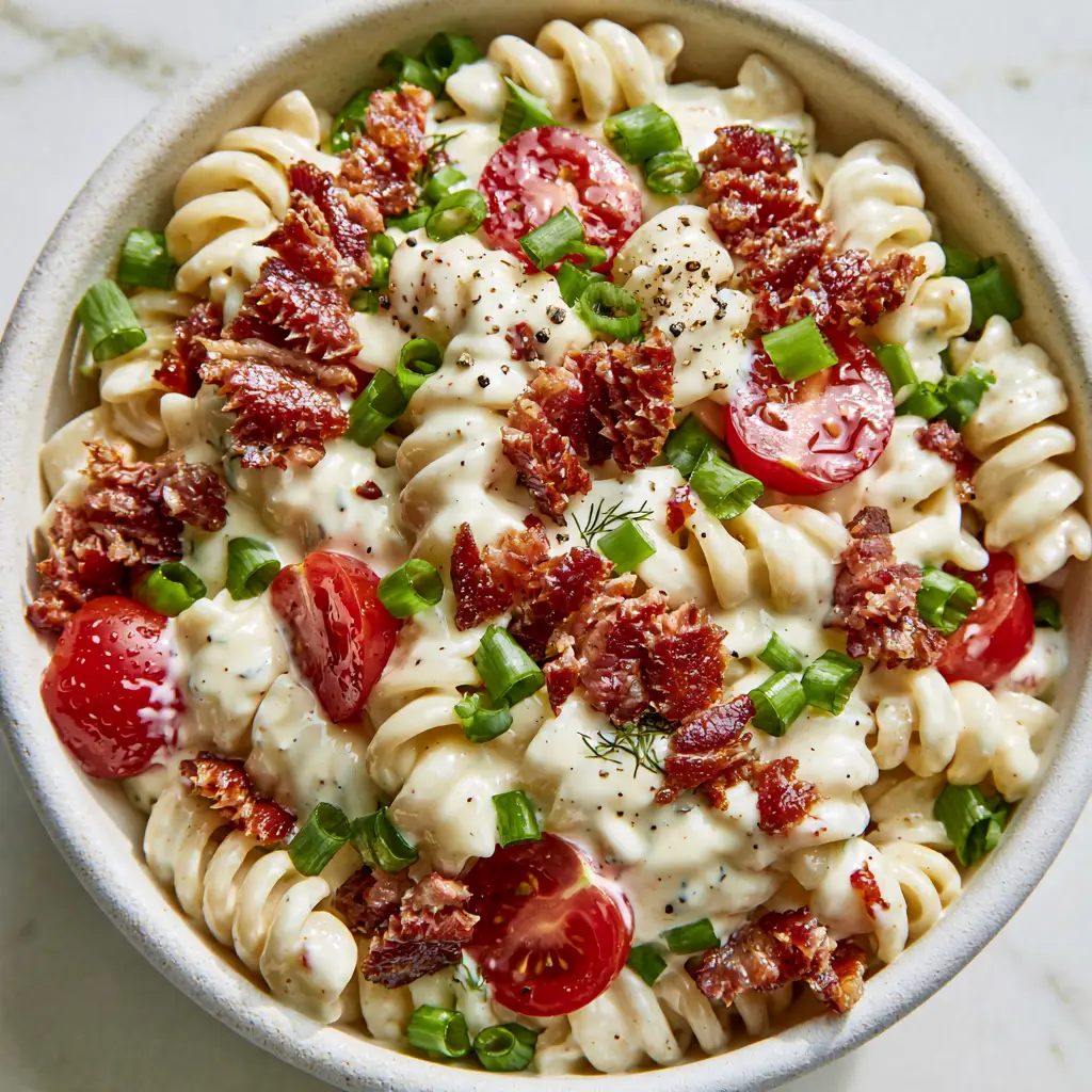 BLT Pasta Salad with Crispy Bacon and Creamy Buttermilk Ranch 1 A handheld smartphone shot of a rustic bowl filled with rotini pasta, tomatoes, and bacon on a marble background.