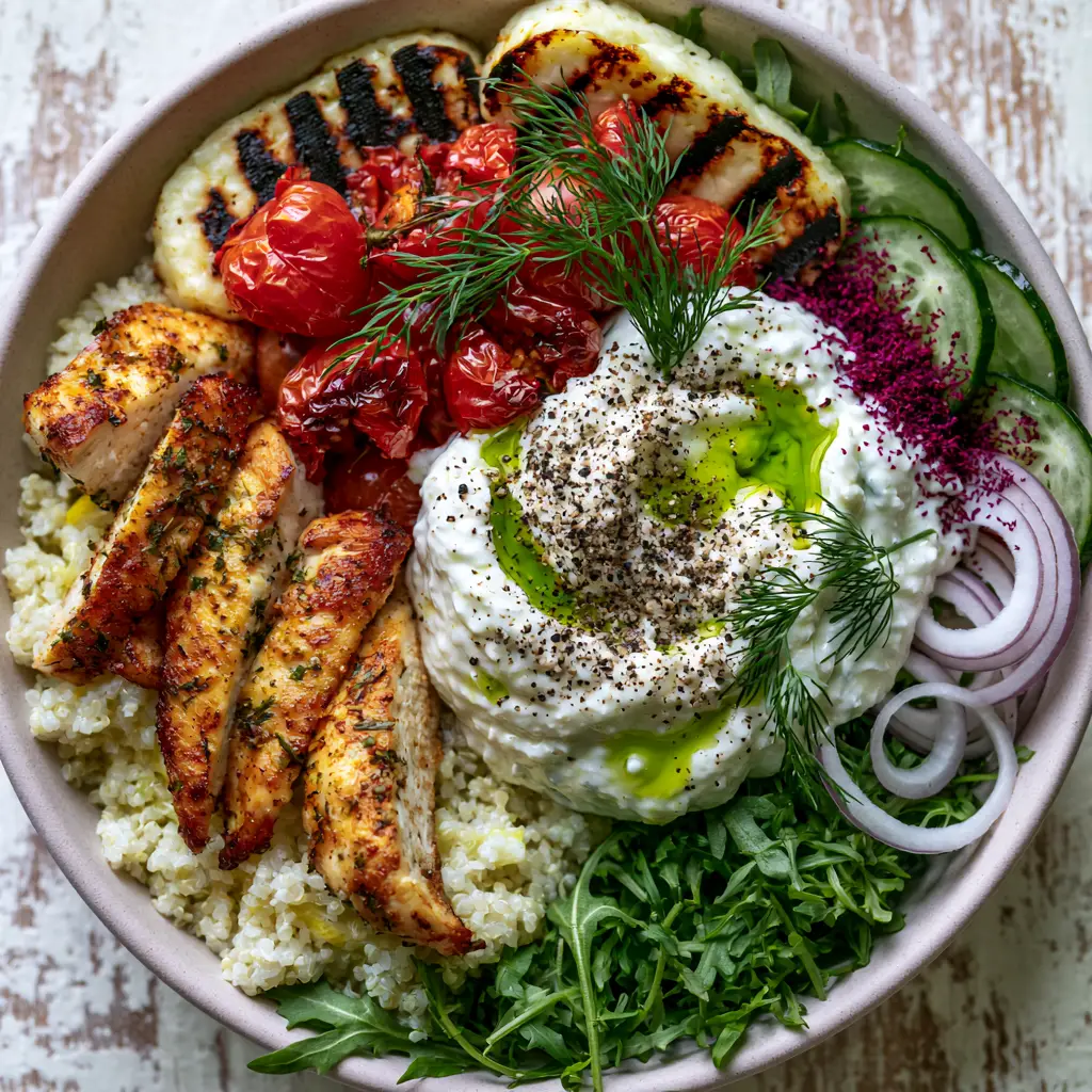 Summer Dinner Ideas: Vibrant Mediterranean Grilled Halloumi and Chicken Power Bowls 2 Macro shot of seared chicken breast and grilled halloumi with char marks in a Mediterranean bowl. (Summer dinner ideas)