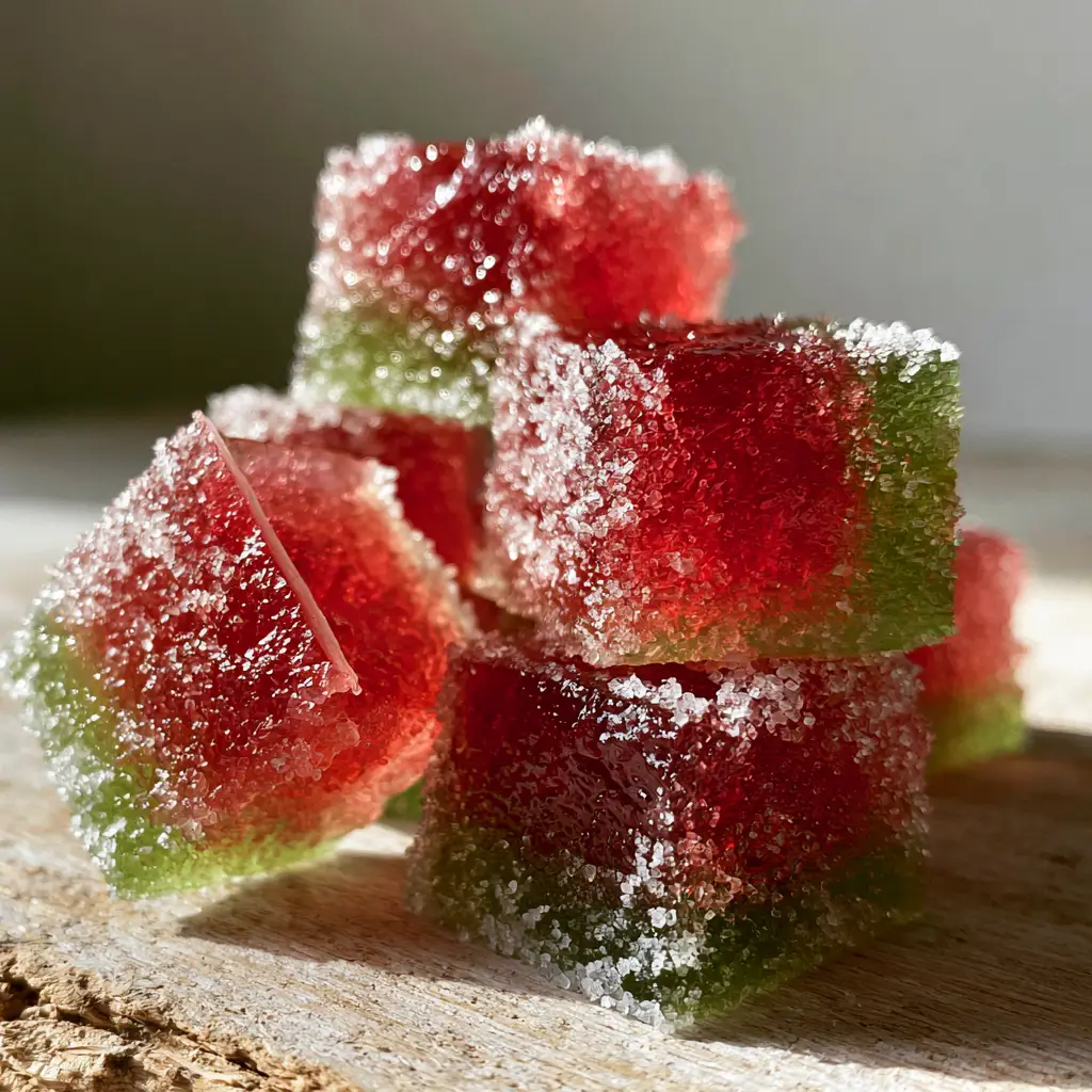 Watermelon Rind Jellies: The Ultimate Jewel-Toned Candied Summer Treat 1 A sliced open Watermelon Rind Jelly revealing a moist gummy interior and a heavy coating of granulated sugar.