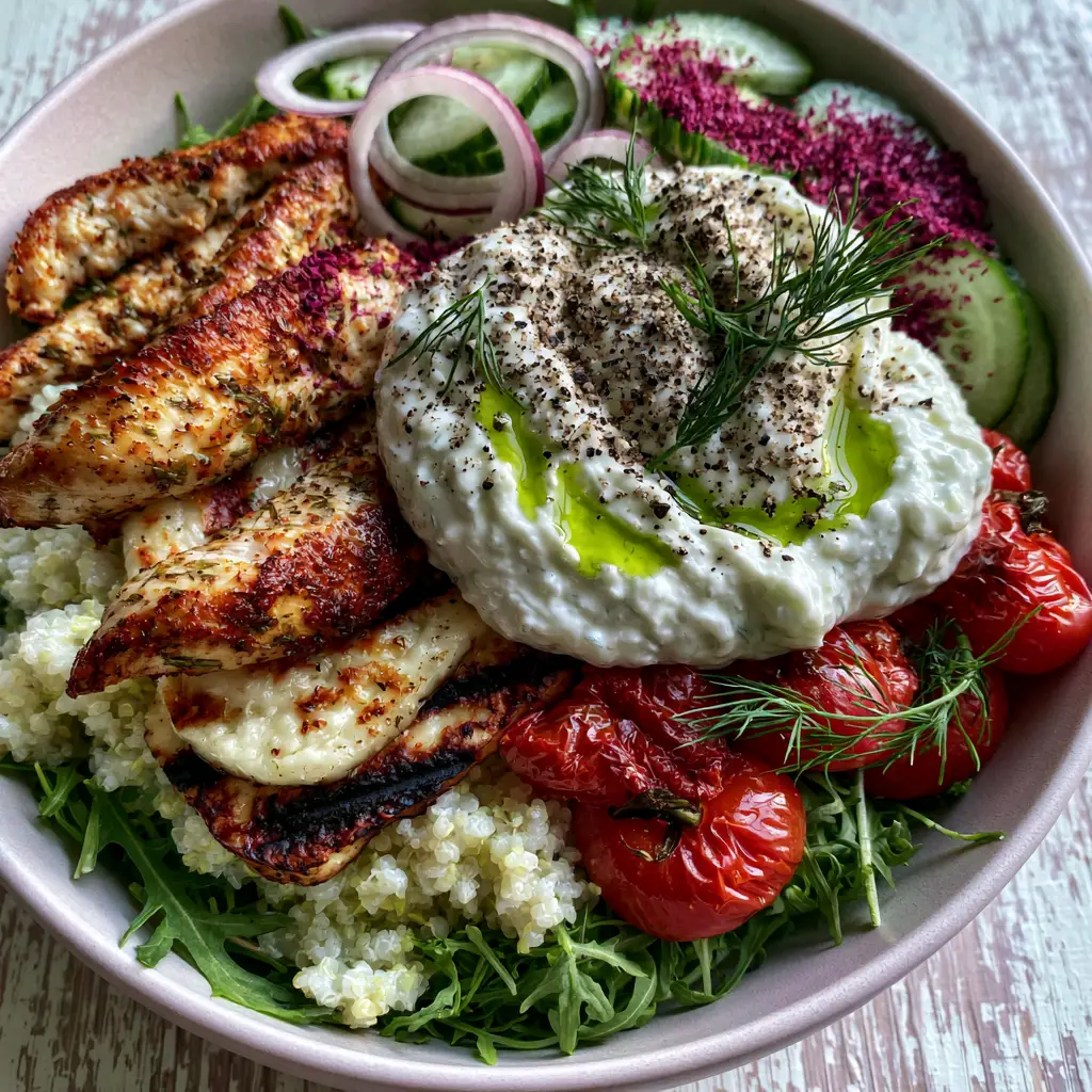 Summer Dinner Ideas: Vibrant Mediterranean Grilled Halloumi and Chicken Power Bowls 1 Close-up of blistered cherry tomatoes and thick tzatziki sauce with purple sumac and fresh dill.
