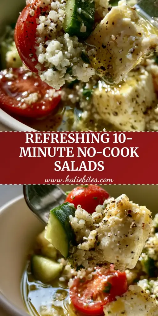 Summer Salad Recipes: The Ultimate Mediterranean Quinoa Salad with Feta 5 A tall Pinterest pin showing a close-up of a Mediterranean quinoa salad with the text 'Best Summer Salad Recipes'.