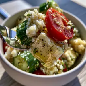 Macro close-up shot of a vibrant Mediterranean quinoa salad in a matte-white bowl with a fork lifting a bite of feta and cucumber. (Summer Salad Recipes)