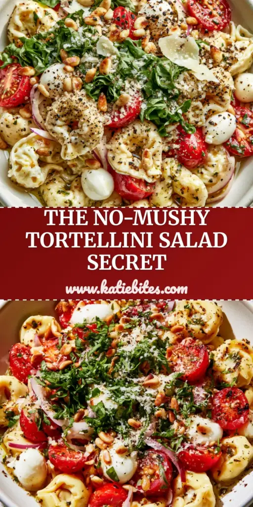 Tortellini Pasta Salad with Herb-Infused Oil and Fresh Mozzarella 3 A professional flat lay of Tortellini Pasta Salad in a white bowl showing glossy herb dressing and red cherry tomatoes.