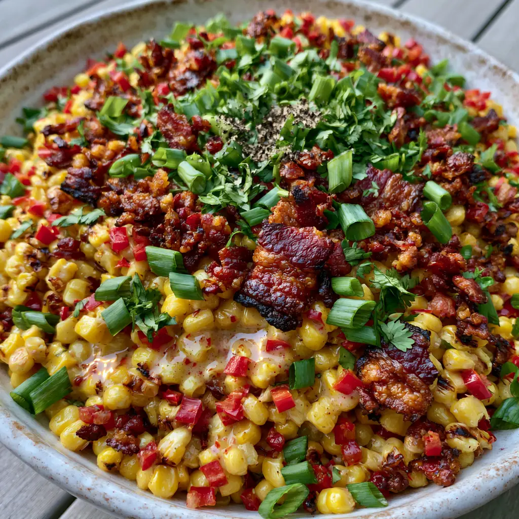 Bacon and Corn Salad with Creamy Lime Dressing 2 Extreme close-up of charred yellow sweet corn kernels coated in a glossy lime dressing for a Bacon and Corn Salad.