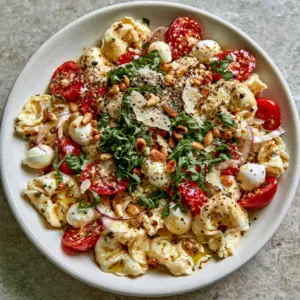 Close up of cheese-filled tortellini pasta salad with bocconcini mozzarella pearls and basil chiffonade in a matte-white bowl.