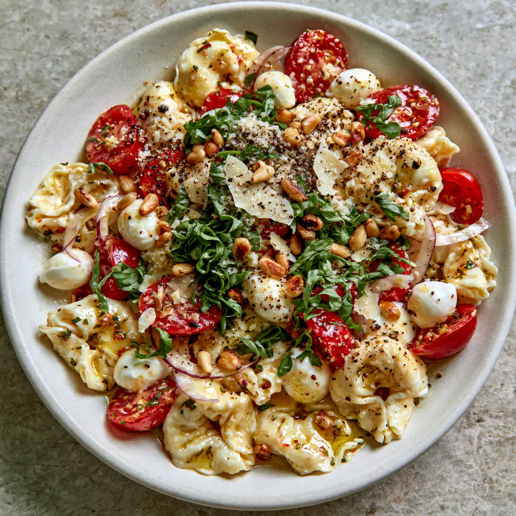 Tortellini Pasta Salad with Herb-Infused Oil and Fresh Mozzarella 2 Close up of cheese-filled tortellini pasta salad with bocconcini mozzarella pearls and basil chiffonade in a matte-white bowl.