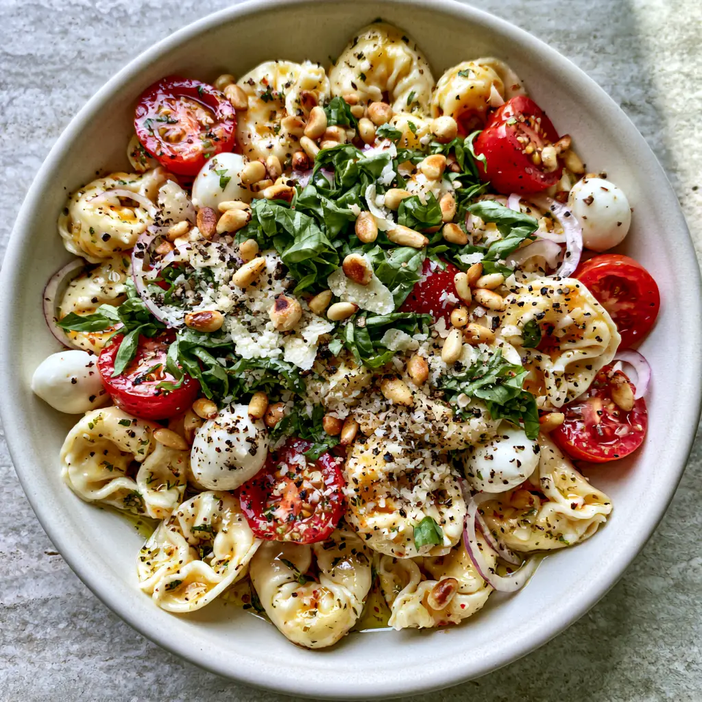 Tortellini Pasta Salad with Herb-Infused Oil and Fresh Mozzarella 1 Wide shot of Tortellini Pasta Salad on a grey stone surface with scattered pine nuts and cracked black pepper.