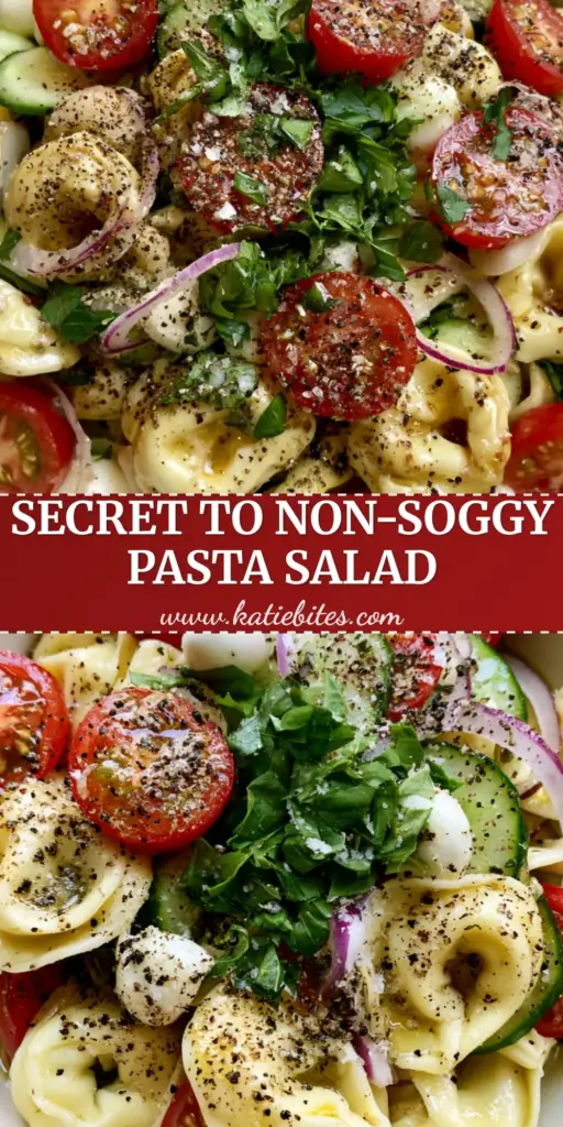 Tortellini Pasta Salad with Shimmering Golden Herb Vinaigrette 4 A gourmet tortellini pasta salad with golden vinaigrette, fresh mozzarella pearls, and herbs in a white bowl. (tortellini pasta salad)