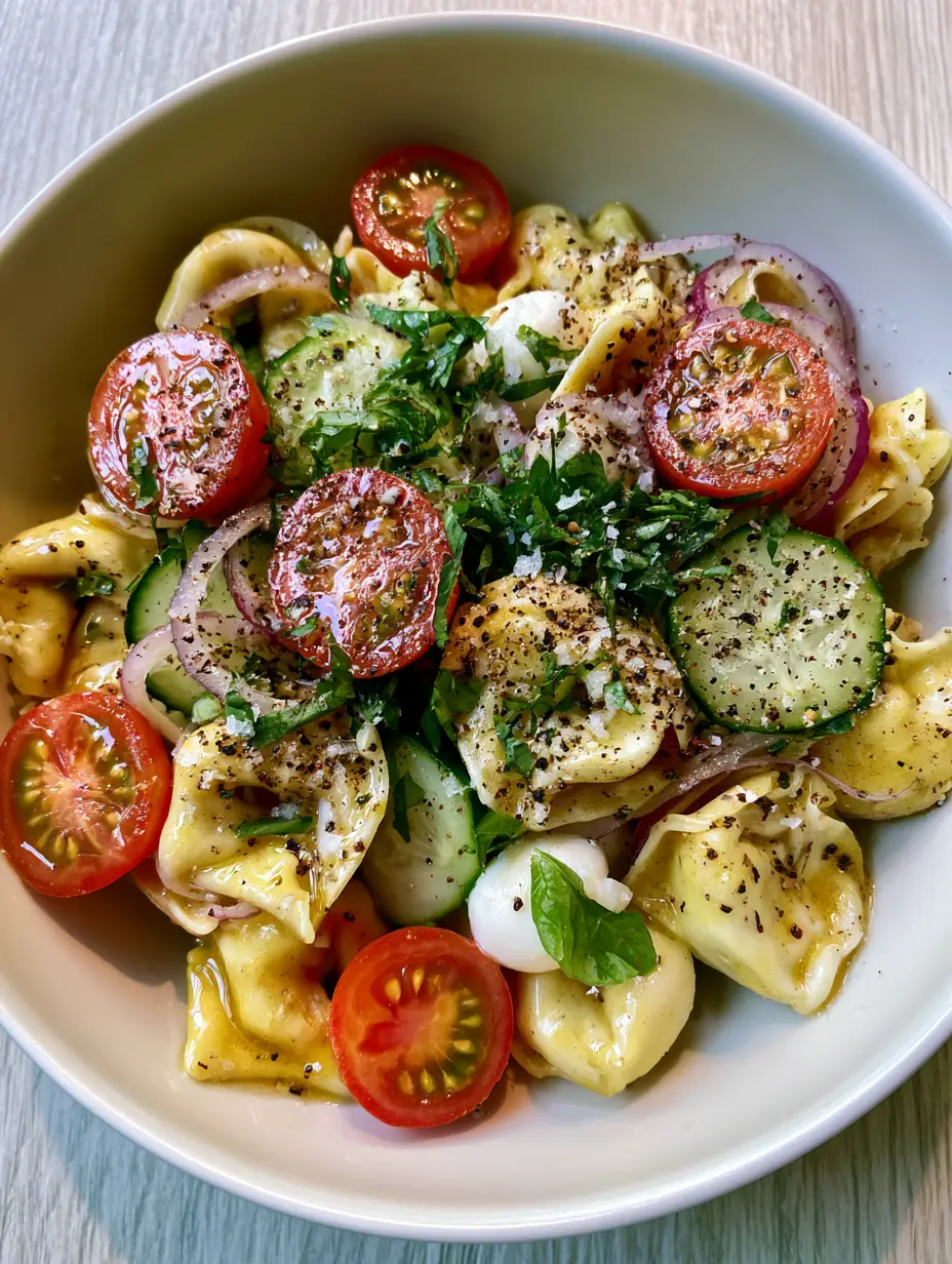 Tortellini Pasta Salad with Shimmering Golden Herb Vinaigrette 3 Top-down macro shot of a gourmet cold tortellini pasta salad with glistening tomatoes and mozzarella. (tortellini pasta salad)