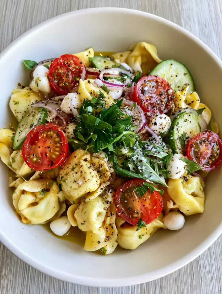 Tortellini Pasta Salad with Shimmering Golden Herb Vinaigrette 1 A close-up of tortellini pasta salad showing the paper-thin red onion rings and golden herb vinaigrette.