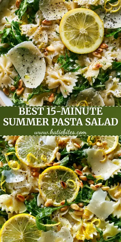 A top-down ceramic bowl of lemon arugula pasta salad with farfalle, parmesan curls, and pine nuts on a light-oak table.