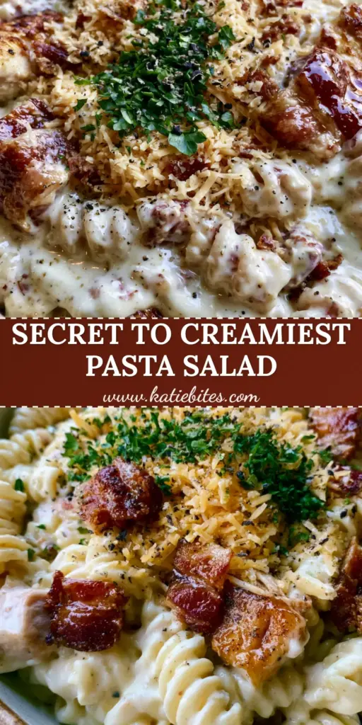 Bacon Pasta Salad with Creamy Ranch and Golden Seared Chicken 4 A close-up shot of a creamy bacon pasta salad with seared chicken and shredded cheddar in a ceramic bowl. (bacon pasta salad)
