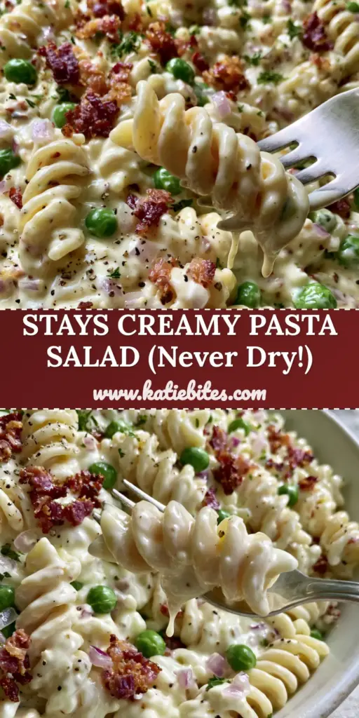 Creamy Pasta Salad with Crispy Bacon and Sweet Peas 4 A close-up of a rustic white bowl overflowing with rotini pasta salad, featuring glossy white dressing, bright green peas, and crispy bacon crumbles. (Creamy Pasta Salad)