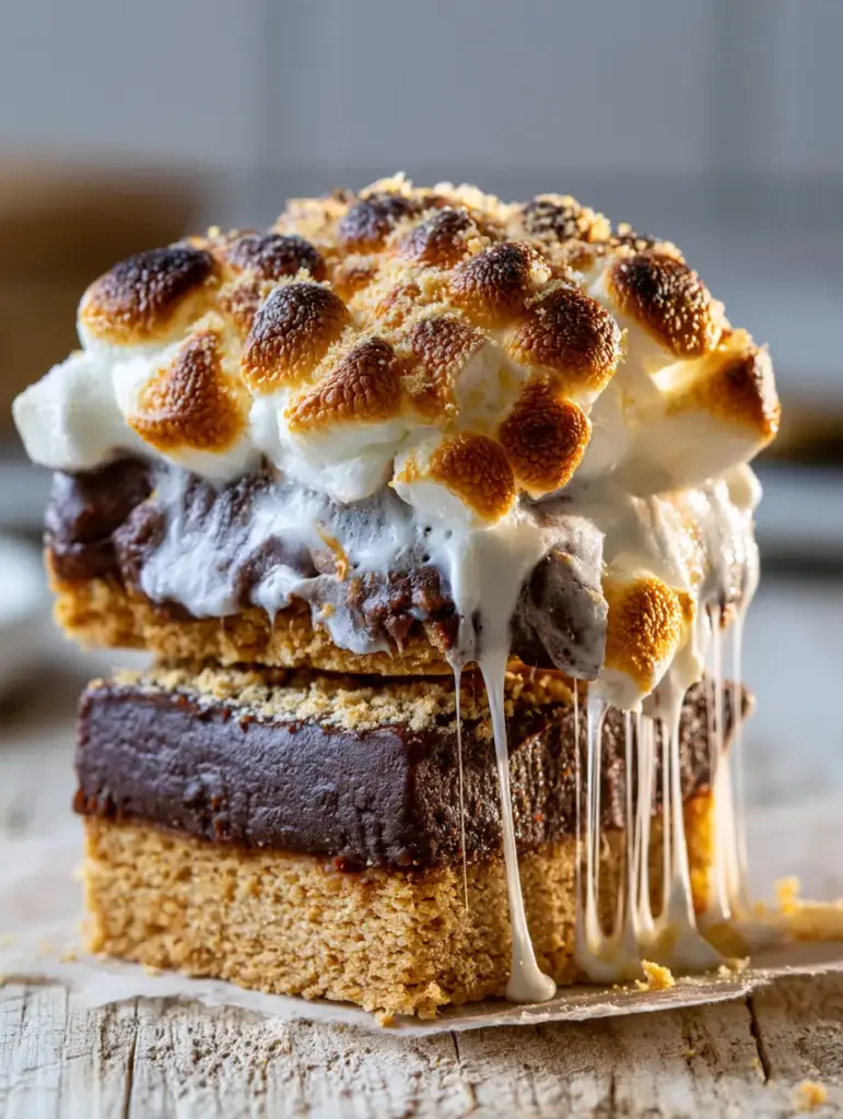 S’mores Bars with Thick Chocolate Ganache and Toasted Marshmallow Peaks 2 Close-up of s'mores bars featuring charred golden-brown marshmallow peaks and a thick graham cracker crust.