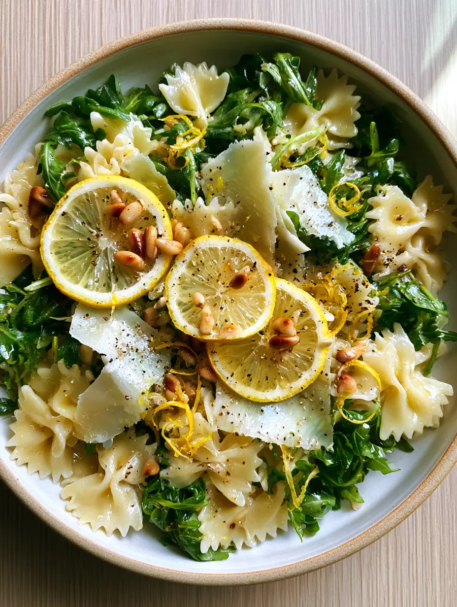 Detailed shot of lemon arugula pasta salad showing glistening farfalle and peppery arugula greens.