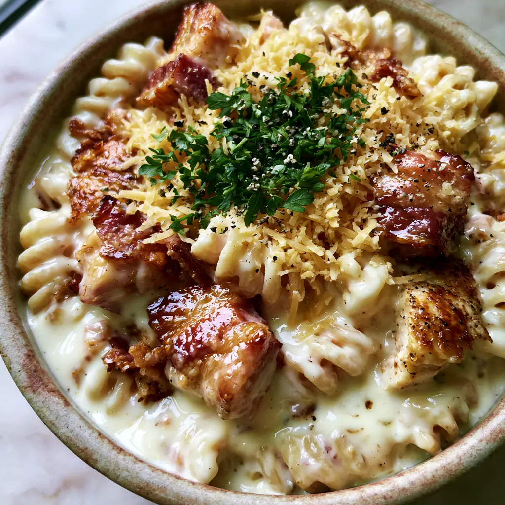 Bacon Pasta Salad with Creamy Ranch and Golden Seared Chicken 2 Macro photo of glossy rotini pasta coated in ranch with bacon chunks and parsley. (bacon pasta salad)