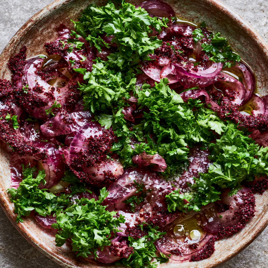 Turkish Onion Salad: The Ultimate Sumac and Parsley Garnish 1 Top-down view of Sumac Onion Salad in a shallow ceramic bowl on a grey stone surface.