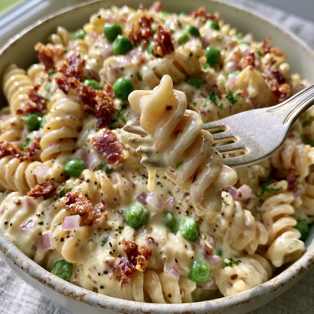Creamy Pasta Salad with Crispy Bacon and Sweet Peas 2 Close-up handheld smartphone photo of Creamy Pasta Salad showing a fork lifting a rotini noodle coated in dripping white sauce. (Creamy Pasta Salad)