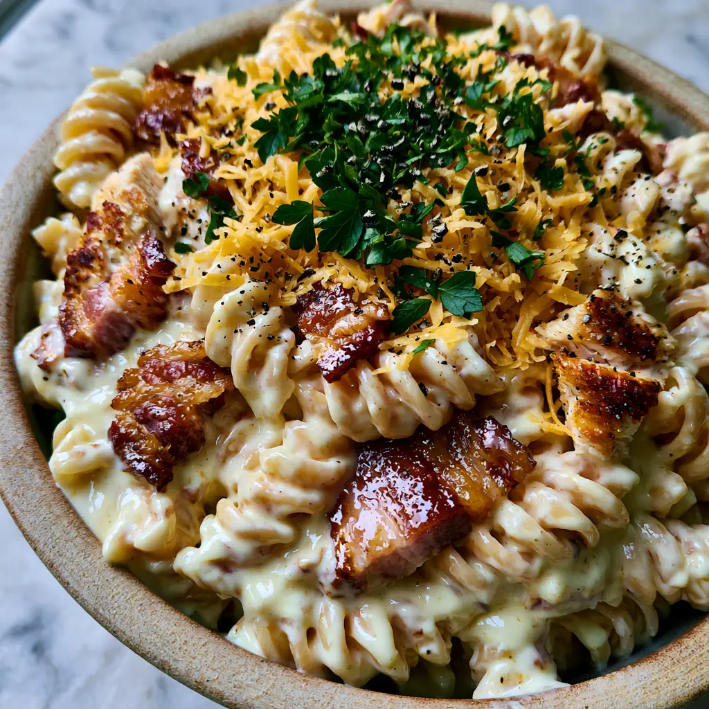 Bacon Pasta Salad with Creamy Ranch and Golden Seared Chicken 1 Handheld photo of a bowl of bacon pasta salad showing golden-brown seared chicken and cracked black pepper.