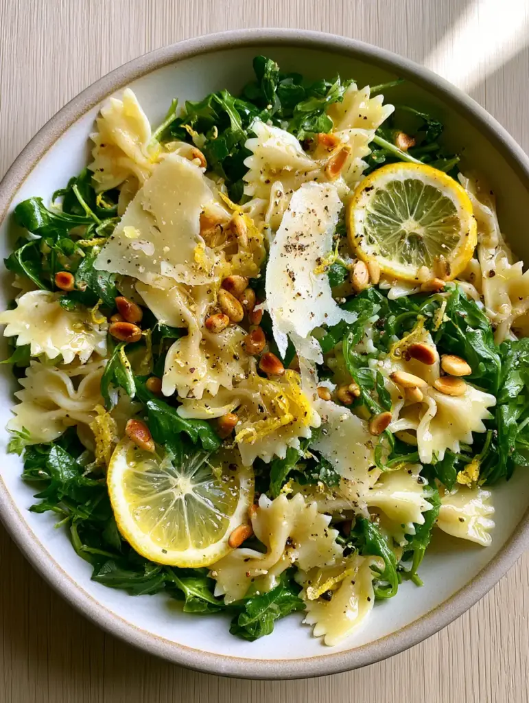 Overhead view of lemon arugula pasta salad with visible matte parmesan curls and lemon zest.