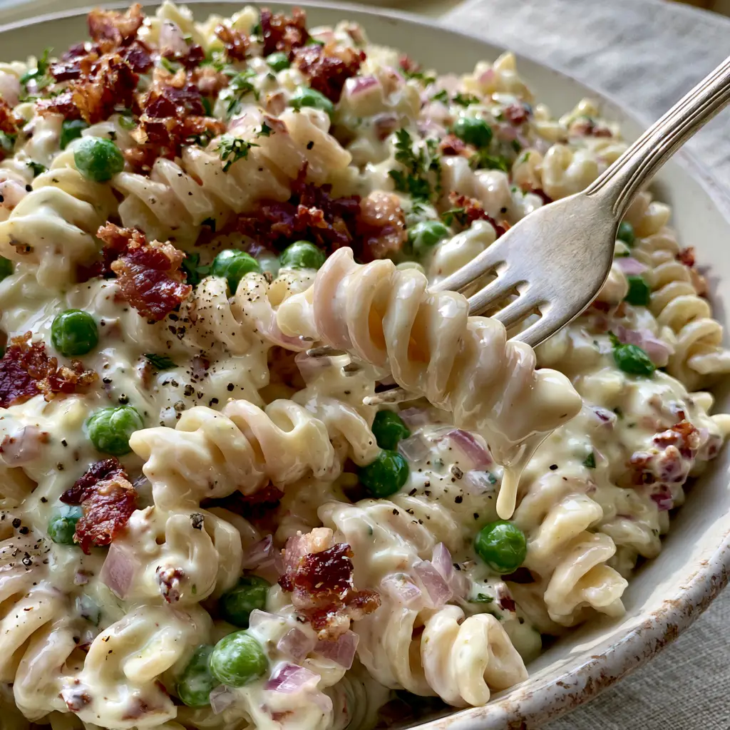 Creamy Pasta Salad with Crispy Bacon and Sweet Peas 1 Overhead view of a rustic ceramic bowl containing Creamy Pasta Salad with visible specks of black pepper, dried parsley, and bright emerald peas.