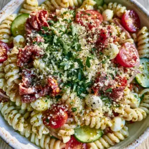 Macro shot of rotini pasta coated in a translucent herb vinaigrette with red cherry tomatoes. (Italian Pasta Salad Recipe)