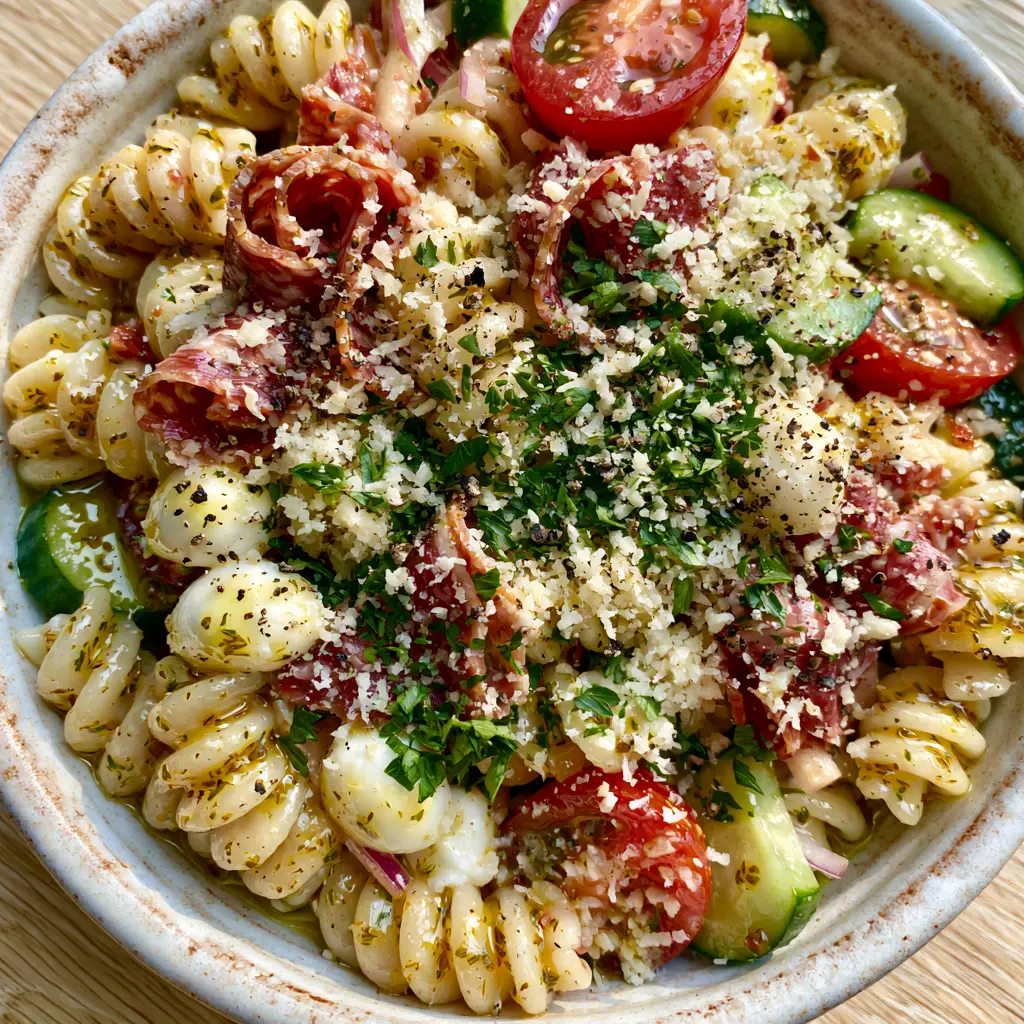 A rustic bowl filled with Italian Pasta Salad Recipe featuring folded salami ribbons and mini mozzarella pearls.