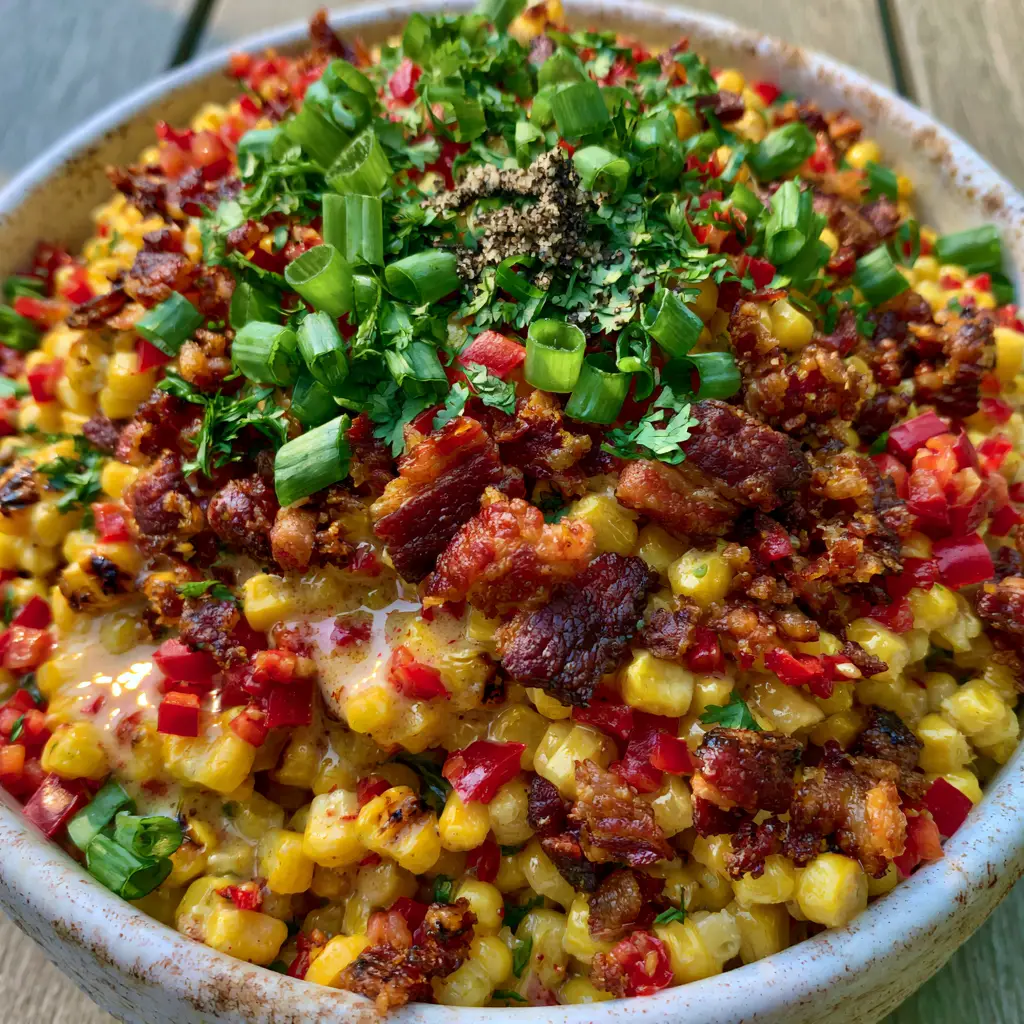 Bacon and Corn Salad with Creamy Lime Dressing 1 A rustic bowl filled with Bacon and Corn Salad, showing diced red peppers, scallions, and mahogany-colored bacon crumbles.