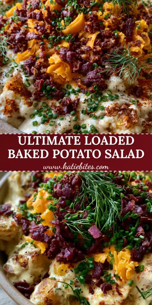 A large ceramic bowl of Loaded Potato Salad featuring roasted Yukon Gold potatoes, crispy burgundy bacon, and bright orange cheddar cheese under natural daylight.