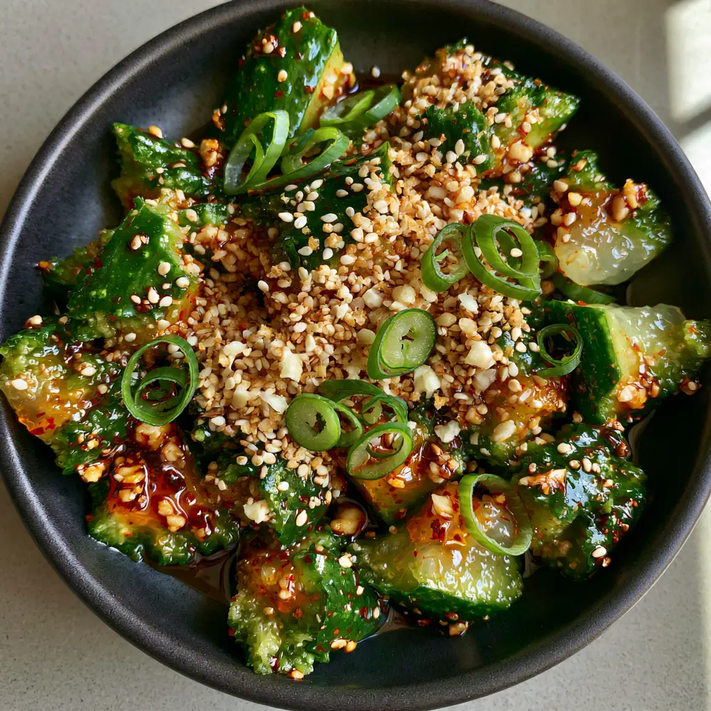 Spicy cucumber salad garnished with white sesame seeds and green scallions in a matte black bowl. (cucumber salad recipes)