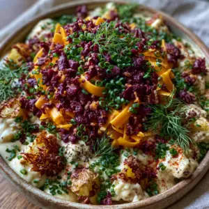 Handheld photo of Loaded Potato Salad in a rustic bowl showing the thick velvety dressing and crispy potato skins.