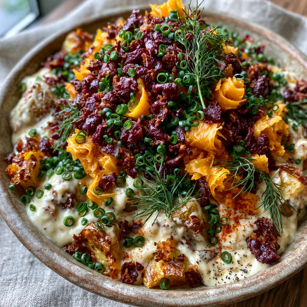 Close-up of Loaded Potato Salad garnished with emerald green chives, dill sprigs, and a dusting of smoked paprika.