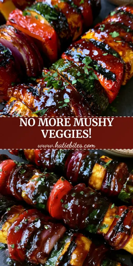 Overhead close-up of three vibrant vegetable kabobs with charred peppers and zucchini on a dark slate platter. (vegetable kabobs recipe)
