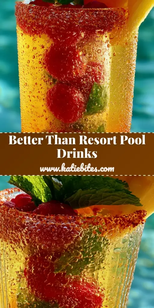 A close-up shot of vibrant pool cocktails featuring a raspberry-mint ice core and a chili-salt rim at sunset.